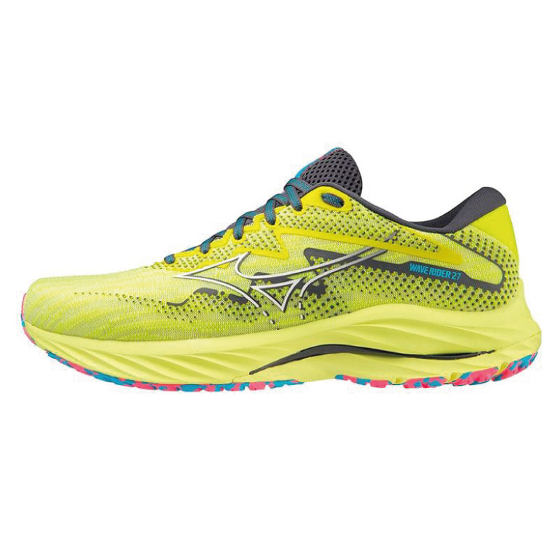 Un par de zapatillas deportivas blancas, azules y verdes con el logo de Mizuno en el lateral.