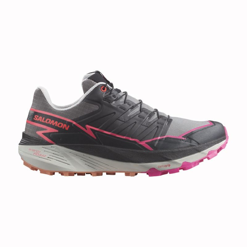 Zapatillas negras trail running mujer ThunderCross Salomon perfil