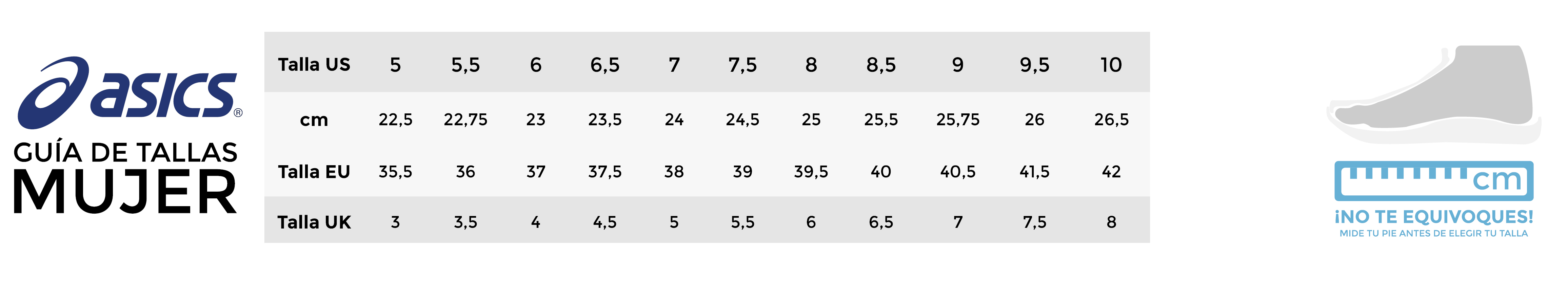 Guia de tallas calzado Asics mujer