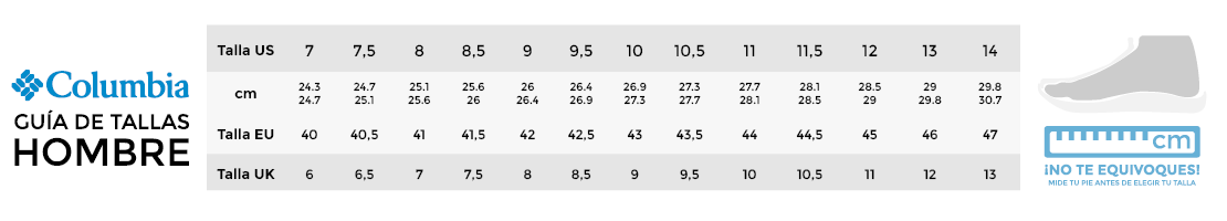 Guía de tallas calzado hombre Columbia