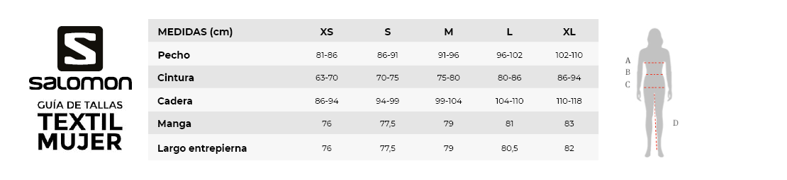 guía de tallas textil Salomon MUJER